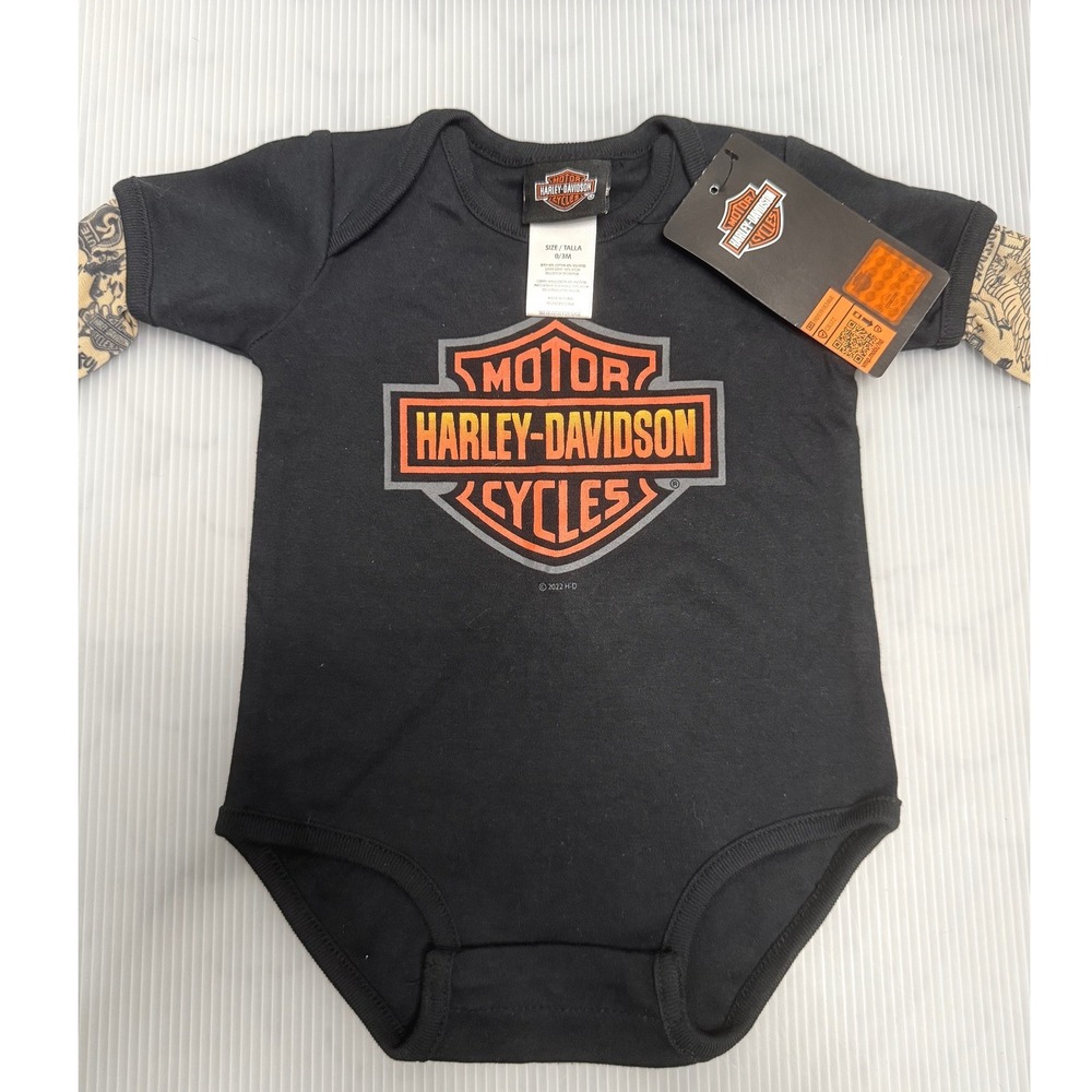 Harley-Davidson Tattoo Sleeve Bodysuit Infant 0/3M Black New Bar & Shield Logo